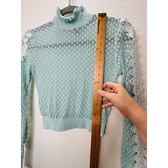 ZARA Aqua Crochet Knit White Lace Stripe Ruffle Neck Crop Sweater S - Picture 16 of 16